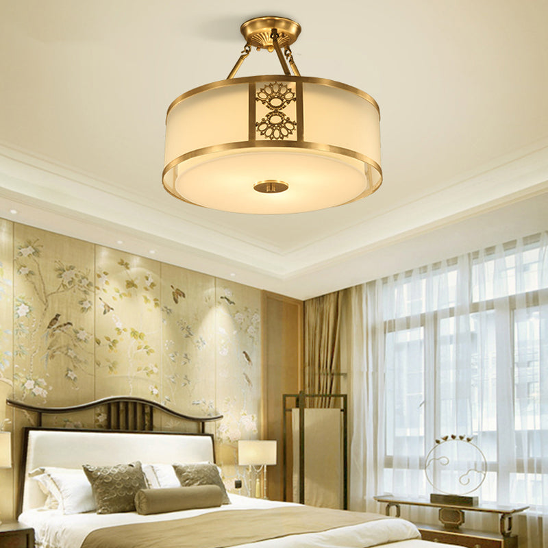 Brass Semi Flush Light Retro Sandblasted Glass Drum Ceiling Fixture For Living Room - 16’/19.5’