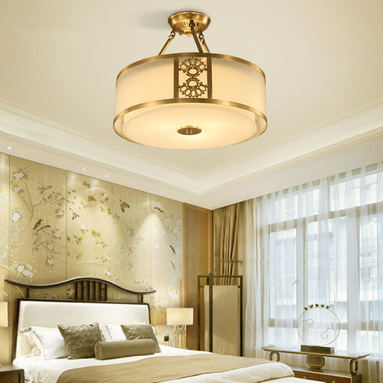 Brass Semi Flush Light Retro Sandblasted Glass Drum Ceiling Fixture For Living Room - 16’/19.5’