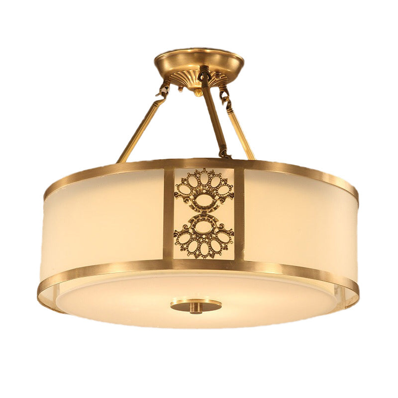 Brass Semi Flush Light Retro Sandblasted Glass Drum Ceiling Fixture For Living Room - 16’/19.5’
