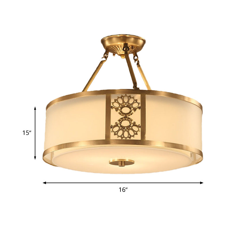Brass Semi Flush Light Retro Sandblasted Glass Drum Ceiling Fixture For Living Room - 16’/19.5’