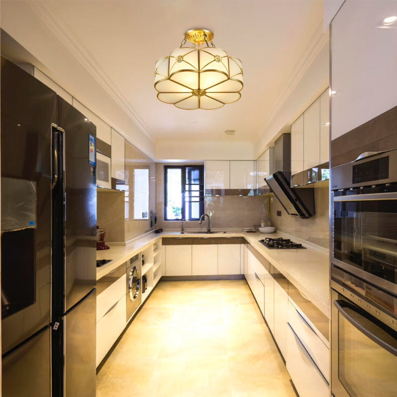 Ivory Glass Scallop Semi Flush Mount Ceiling Light - Vintage Brass Fixture 4-Head Design For