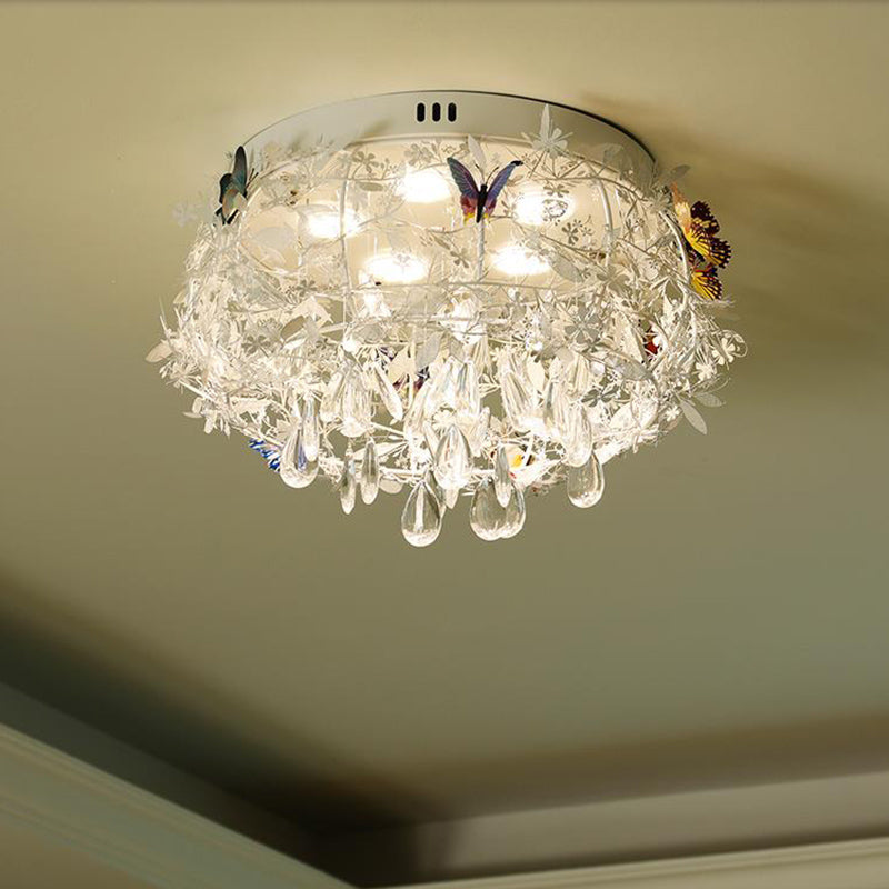Cascade Teardrop Crystal Ceiling Light - 18’/23.5’ Wide Contemporary 5 Heads Nickel Flush Mount