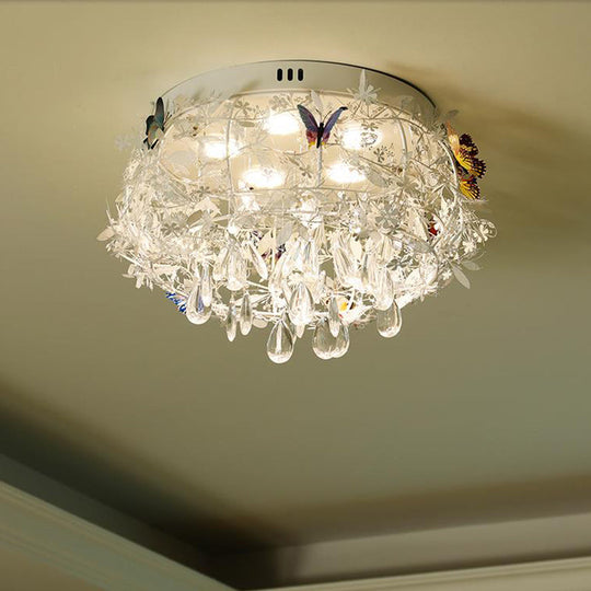 Cascade Teardrop Crystal Ceiling Light - 18’/23.5’ Wide Contemporary 5 Heads Nickel Flush Mount