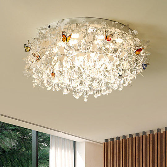 Cascade Teardrop Crystal Ceiling Light - 18’/23.5’ Wide Contemporary 5 Heads Nickel Flush Mount