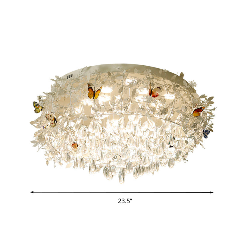 Cascade Teardrop Crystal Ceiling Light - 18’/23.5’ Wide Contemporary 5 Heads Nickel Flush Mount