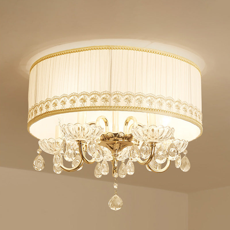 Modern Crystal Flush Light Fixture - White Candle With 5 Heads Fabric Shade & Ceiling Mounted Design