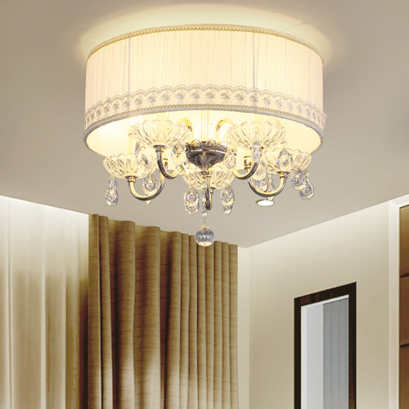 Modern Crystal Flush Light Fixture - White Candle With 5 Heads Fabric Shade & Ceiling Mounted Design