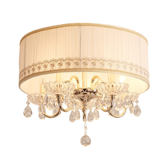 Modern Crystal Flush Light Fixture - White Candle With 5 Heads Fabric Shade & Ceiling Mounted Design