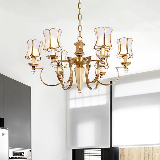 White Colonial Pendant Chandelier With Frosted Glass Flare - 6 Bulbs Stylish Ceiling Hang Light For