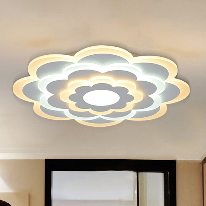 Contemporary White Flower Acrylic Led Flush Mount Ceiling Light - Outer Warm Inner 15/19.5 Wide