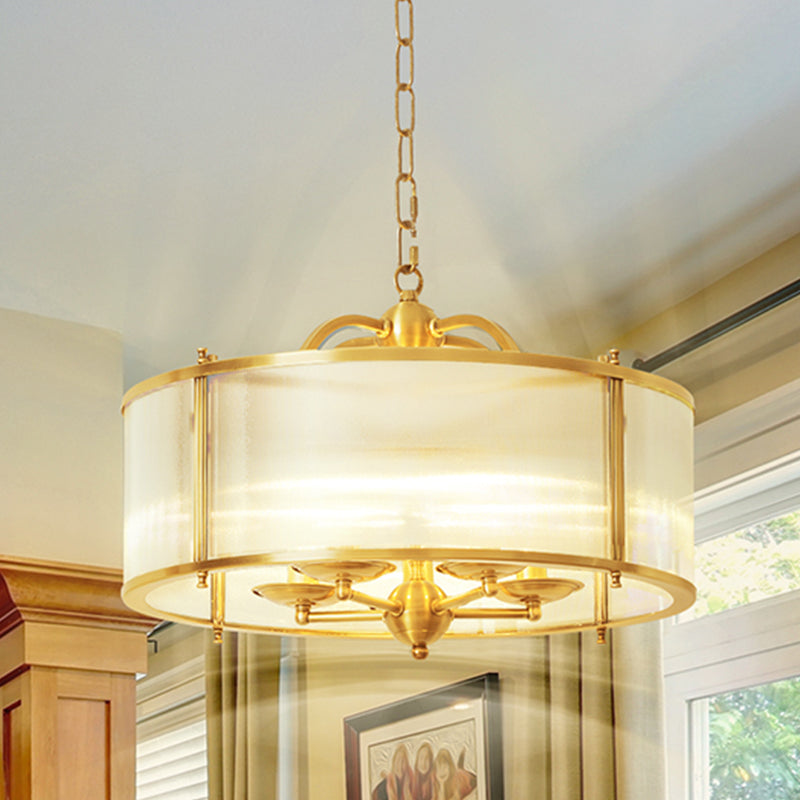 Colonial Frosted Ribbed Glass Drum Kitchen Chandelier - 4/5 Heads Gold Hanging Light Fixture 5 /