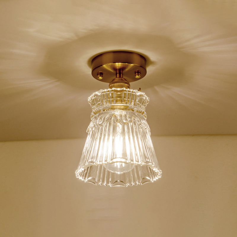 Clear Ribbed Glass Flush Mount Ceiling Light With Colonial Conical Style