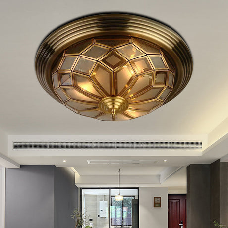 Prismatic Frosted Glass Flush Light Fixture - 3/4 Lights Bedroom Lighting In Brass 14-18 Wide / 14