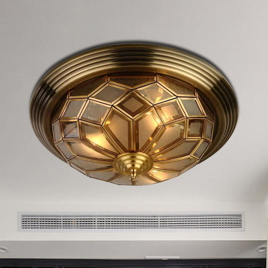 Prismatic Frosted Glass Flush Light Fixture - 3/4 Lights Bedroom Lighting In Brass 14-18 Wide