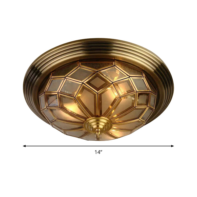 Prismatic Frosted Glass Flush Light Fixture - 3/4 Lights Bedroom Lighting In Brass 14 - 18’ Wide