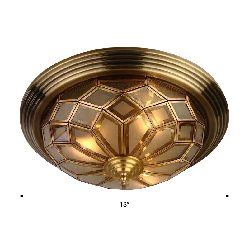 Prismatic Frosted Glass Flush Light Fixture - 3/4 Lights Bedroom Lighting In Brass 14-18 Wide