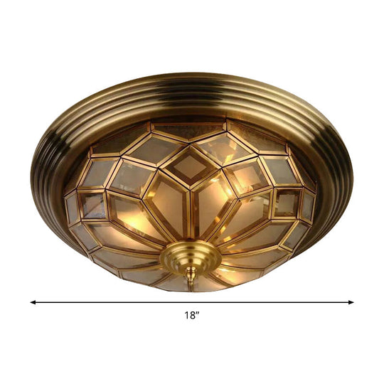 Prismatic Frosted Glass Flush Light Fixture - 3/4 Lights Bedroom Lighting In Brass 14-18 Wide