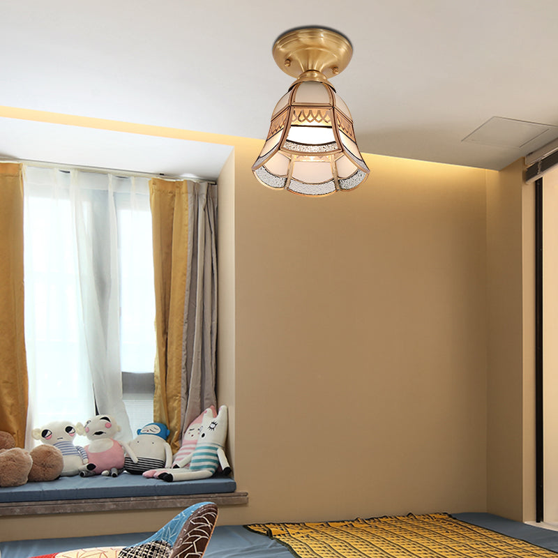 Classic Brass Tapered Flush Mount Light With Frosted Glass - 5’/6.5’ Wide 1-Light Colonial