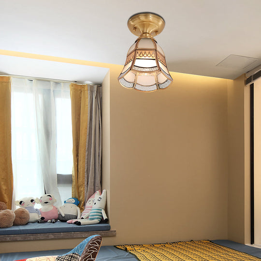 Classic Brass Tapered Flush Mount Light With Frosted Glass - 5/6.5 Wide 1-Light Colonial Style For