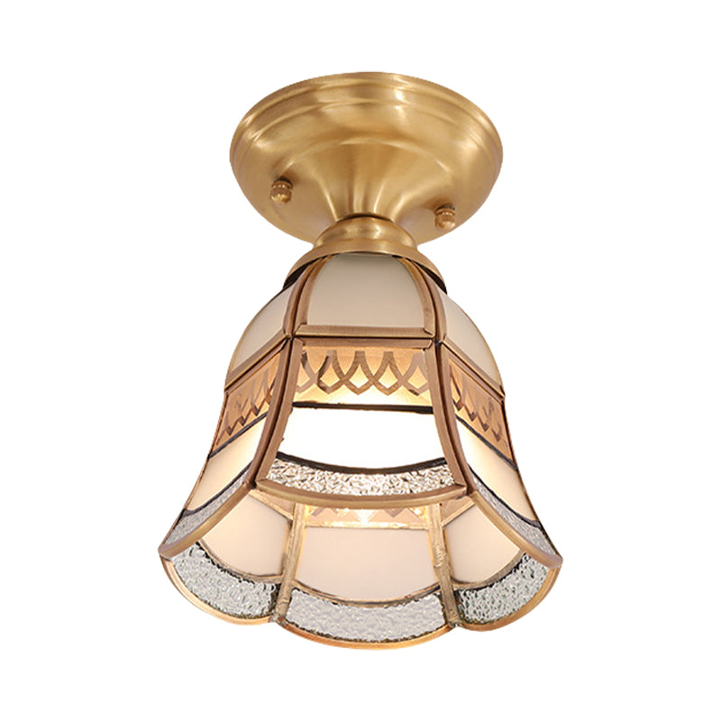 Classic Brass Tapered Flush Mount Light With Frosted Glass - 5/6.5 Wide 1-Light Colonial Style For