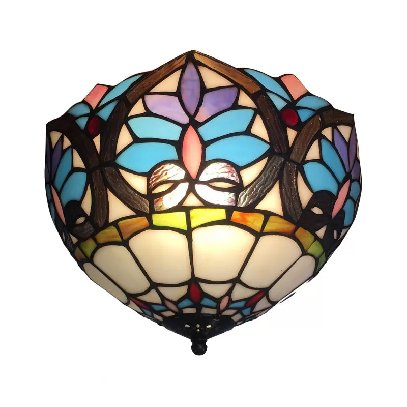 Antique Brass Floral Stained Glass Ceiling Light - Victorian Style Flush Mount Fixture For Living