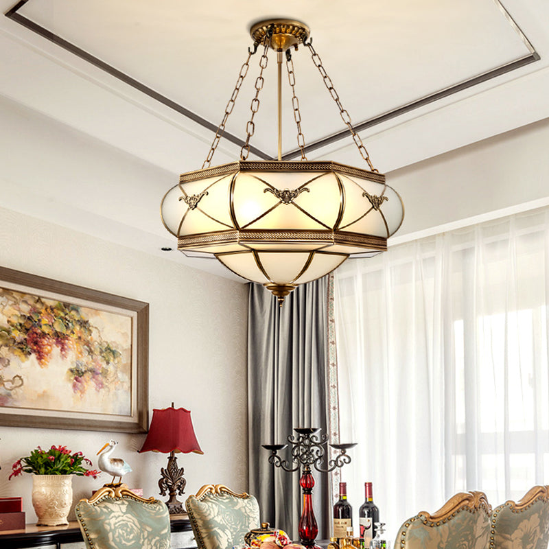 Traditional Brass Semi Flush Mount Ceiling Lamp With Opal Glass Drum – 4 Lights