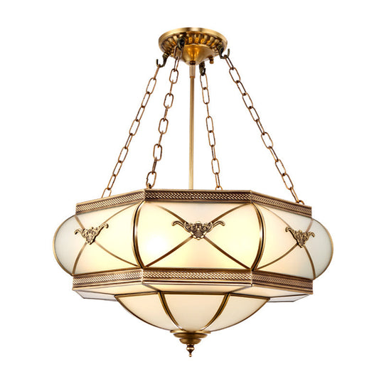 Traditional Brass Semi Flush Mount Ceiling Lamp With Opal Glass Drum – 4 Lights