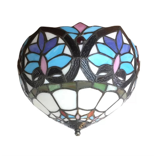 Antique Brass Floral Stained Glass Ceiling Light - Victorian Style Flush Mount Fixture For Living