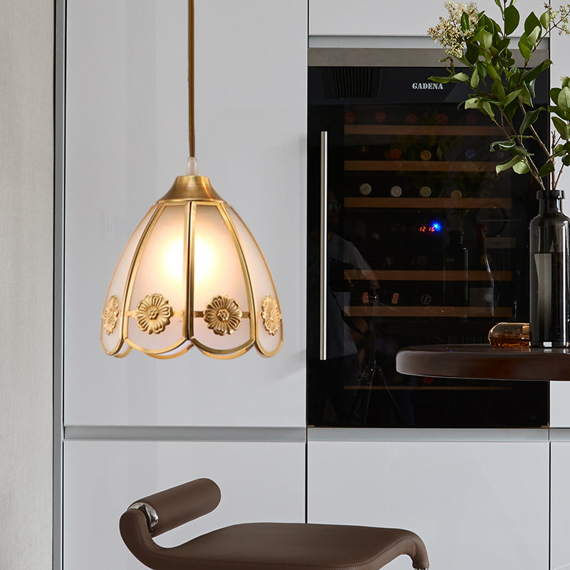 Traditional Brass Ceiling Pendant Lamp With Frosted Glass Dome - 1 Light For Hallways