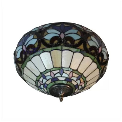 Antique Brass Floral Stained Glass Ceiling Light - Victorian Style Flush Mount Fixture For Living