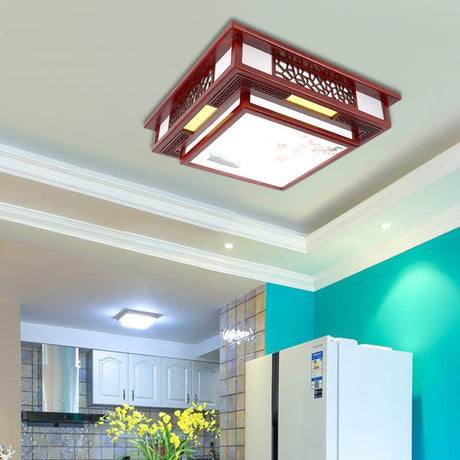 Traditional Dark Red Wood Led Square Flush Mount Ceiling Light Crimson
