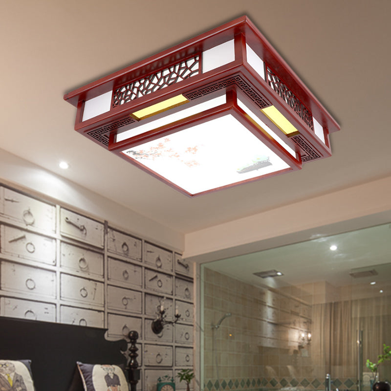 Traditional Dark Red Wood Led Square Flush Mount Ceiling Light