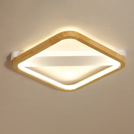 Simple Style Beige Led Ceiling Lamp For Bedroom - Wood Square Flush Light Fixture 13/17/21 Wide / 13