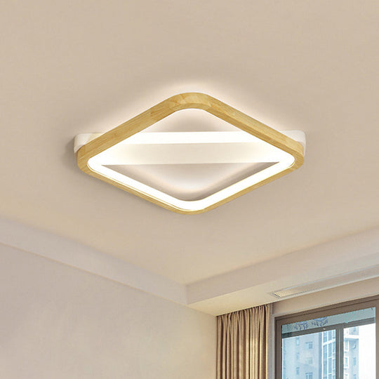 Simple Style Beige Led Ceiling Lamp For Bedroom - Wood Square Flush Light Fixture 13/17/21 Wide