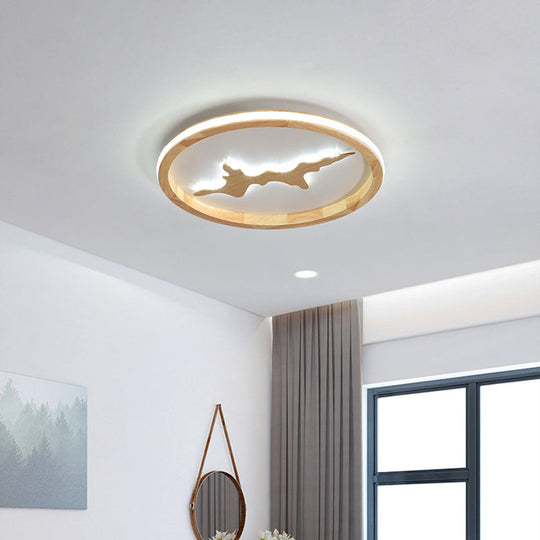 Minimalist Wood Circle Ceiling Light Dark Brown/Light Brown Led Flush Fixture - 17’/21’/25’ Wide