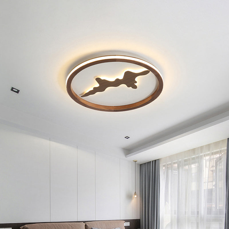 Minimalist Wood Circle Ceiling Light Dark Brown/Light Brown Led Flush Fixture - 17/21/25 Wide