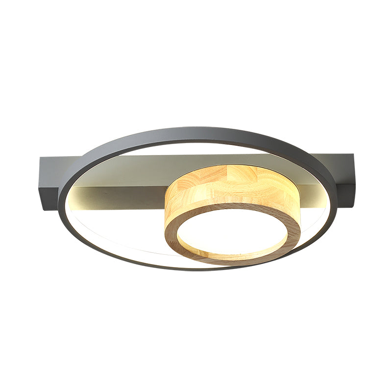 Minimalist Gray/White Led Flush Mount Ceiling Light For Living Room - Wood Finish