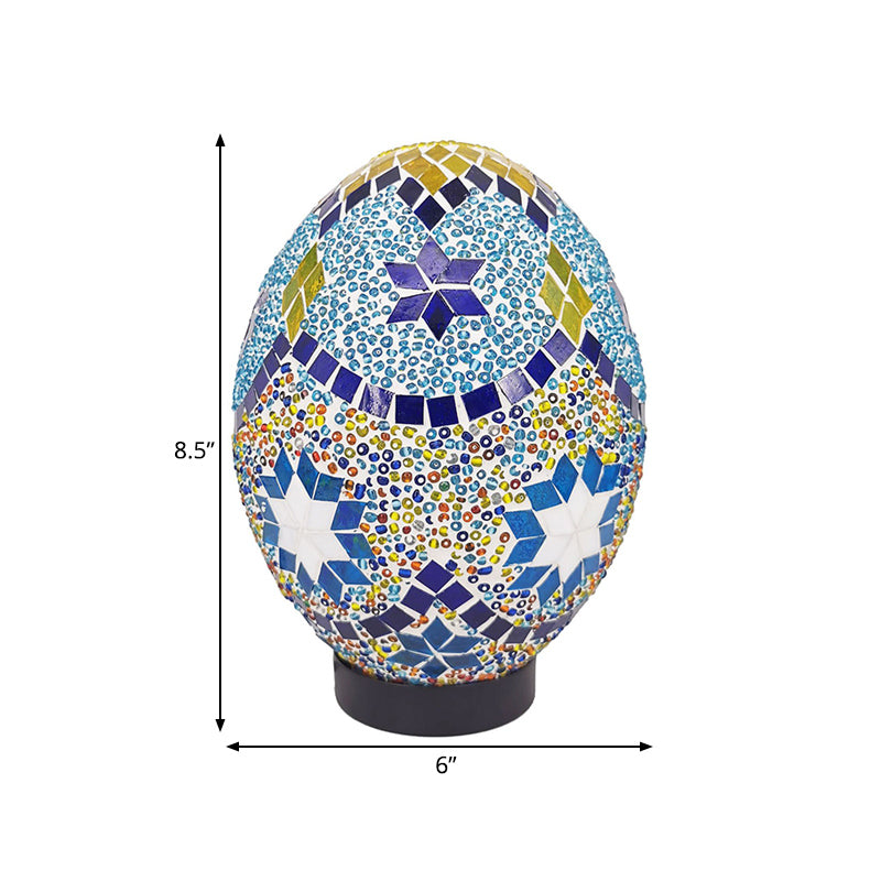 Vintage Blue Stained Glass Table Light For Bedroom Desk - 1-Light Elegant Oval Shade