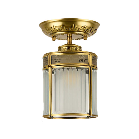 Traditional Brass Semi - Mount Cylinder Ceiling Lamp With 1 Light For Corridors