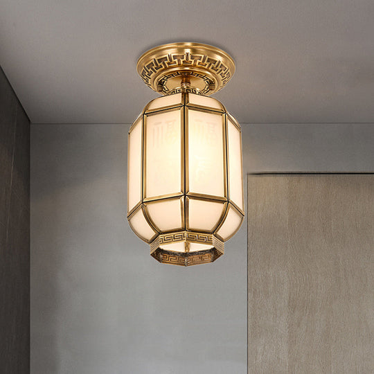 Frosted Glass Semi Flush Mount Lantern Lighting - Classic Brass 1 - Light Fixture For Corridors