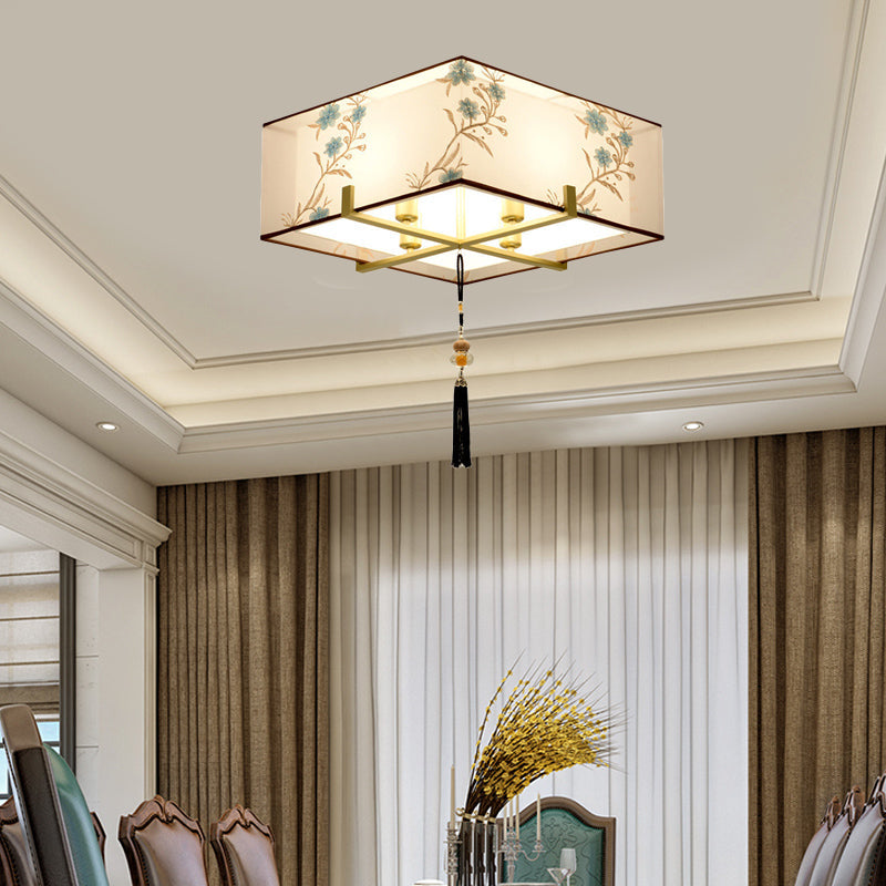 Classic Square Fabric Flush Light: 4-Light Ceiling Mount For Bedroom (White)