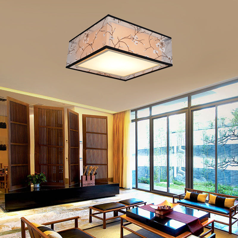 Traditional Style Fabric Square Flush Light - 4/5 Lights Ceiling Mount In White Various Sizes