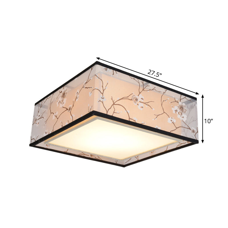 Traditional Style Fabric Square Flush Light - 4/5 Lights Ceiling Mount In White Various Sizes