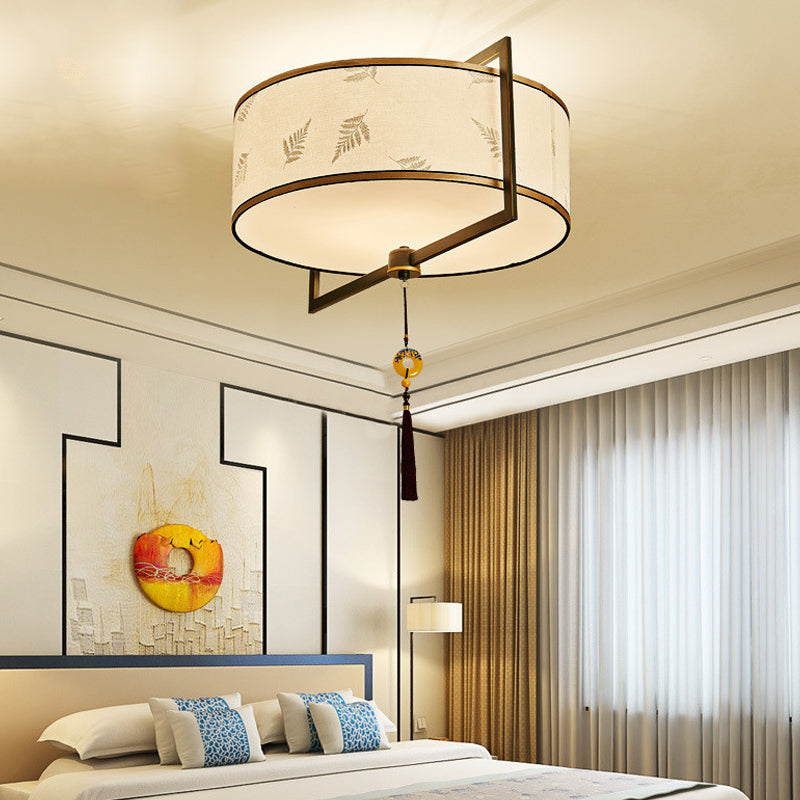 White Fabric Ceiling Mounted Drum Fixture - 5-Light Classic Style Flush Mount Lighting