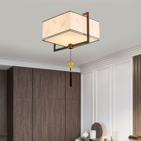 Square Flush Ceiling Light With 5 Fabric Lights – Traditional White Fixture For Bedroom