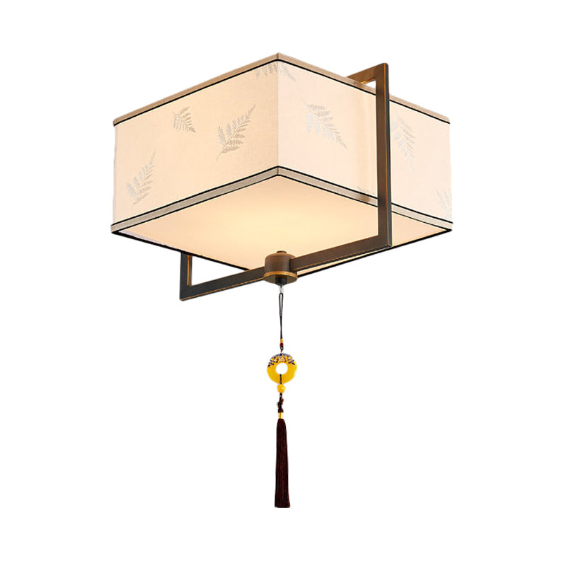Square Flush Ceiling Light With 5 Fabric Lights Traditional White Fixture For Bedroom