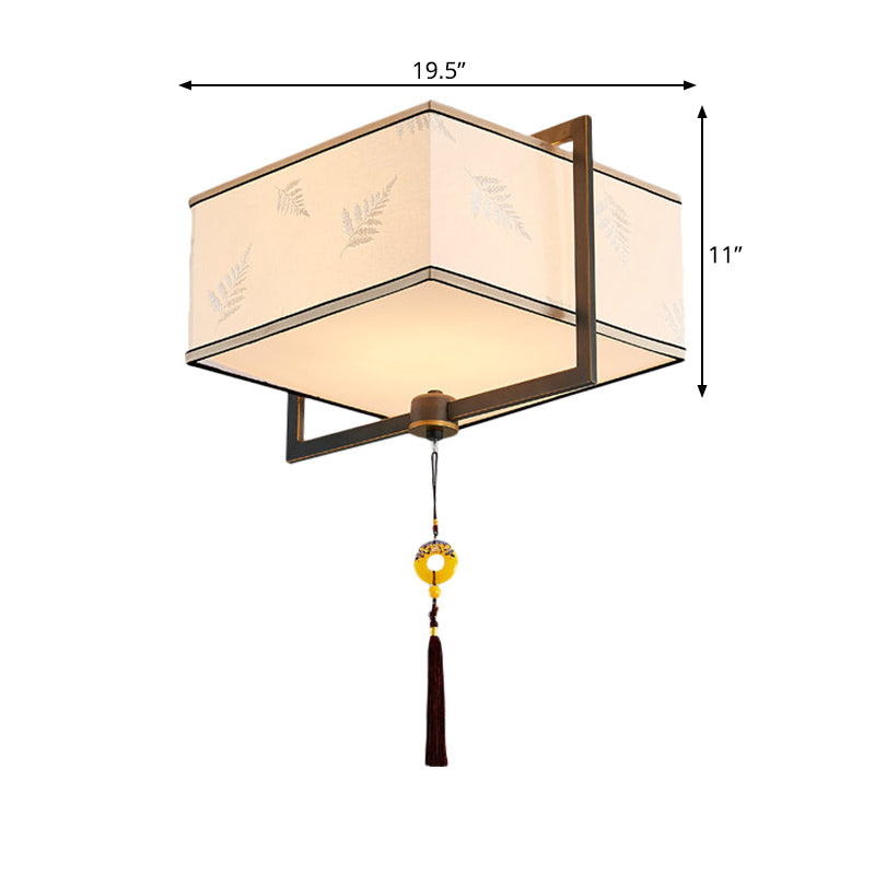 Square Flush Ceiling Light With 5 Fabric Lights – Traditional White Fixture For Bedroom