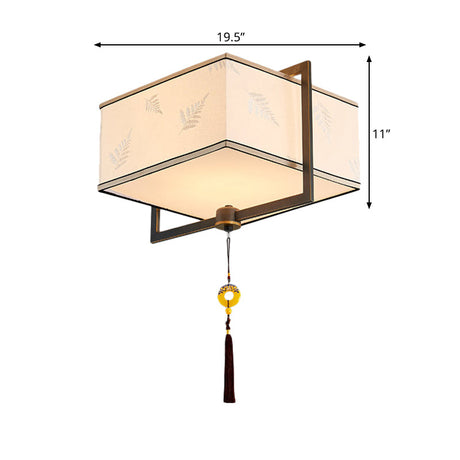 Square Flush Ceiling Light With 5 Fabric Lights Traditional White Fixture For Bedroom