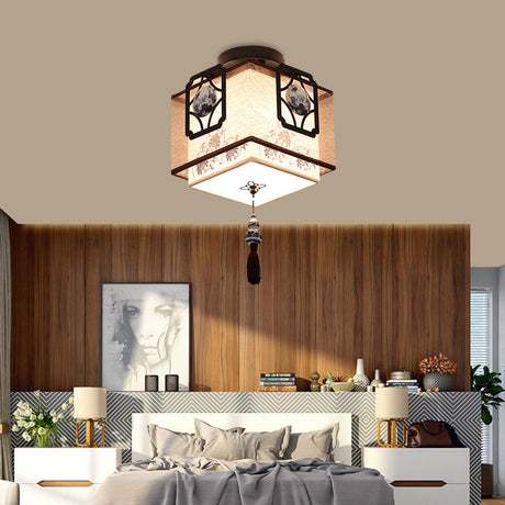 Traditional Black Flush Mount Ceiling Light With Square Fabric Shade