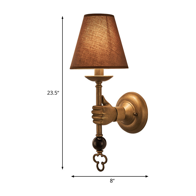 Vintage Cone Wall Light In Brass With Fabric Shade - Bedroom Sconce Fixture